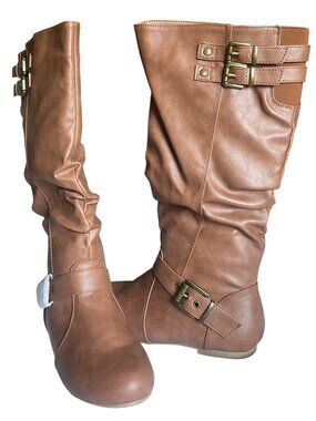 Top Moda Night-78 Tan Slouch Calf-Length Riding Moto Boots
